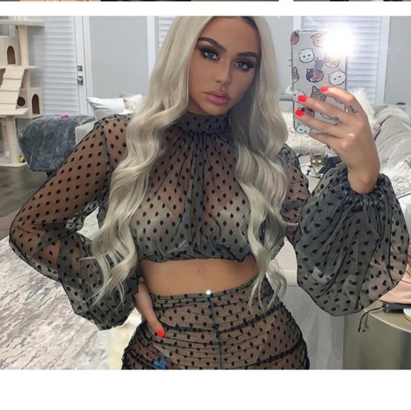 Women's Black Lace Polka Dot Turtleneck Long Sleeve Blouse - Picture 4 of 13